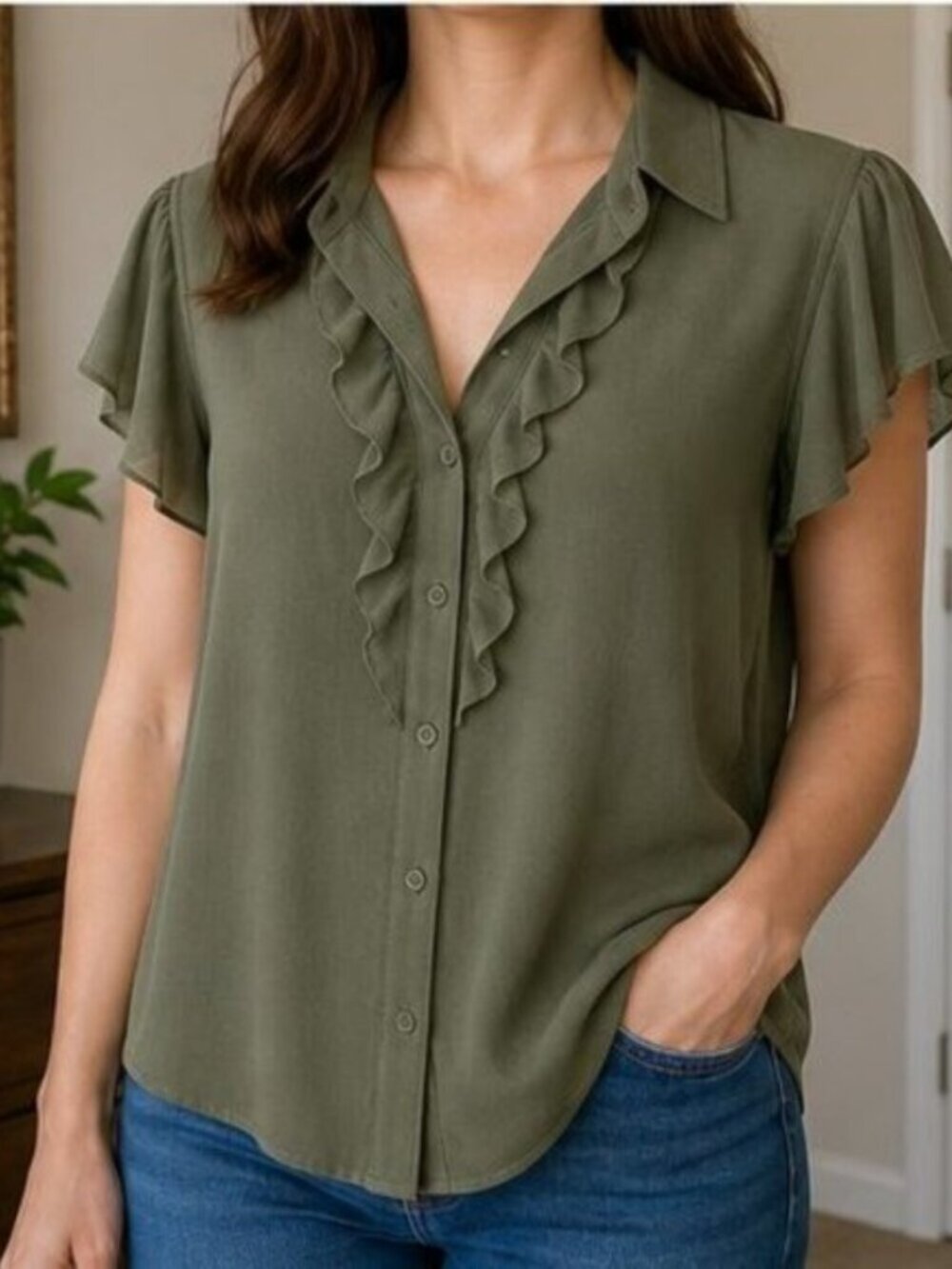 Olive Ruffle Blouse - Picture 2 of 6